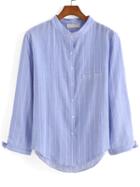 Shein Blue Stand Collar Vertical Stripe Blouse