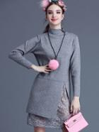 Shein Grey Stand Collar Long Sleeve Contrast Lace Dress