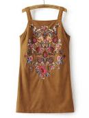 Shein Camel Flower Embroidered Suede Pinafore Dress
