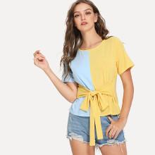 Shein Knot Front Color Block Tee