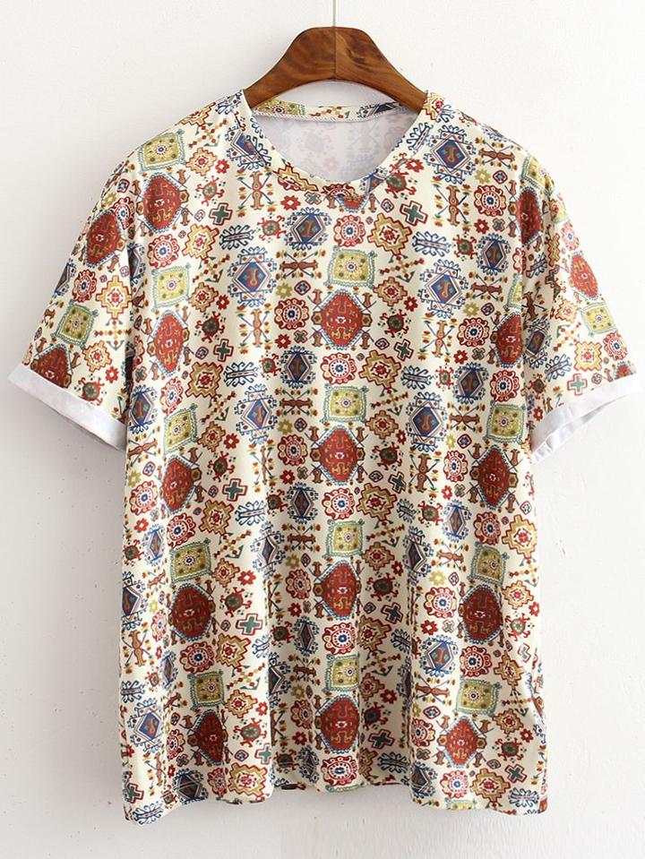 Shein Multicolor Short Sleeve Roll Cuff Print T-shirt