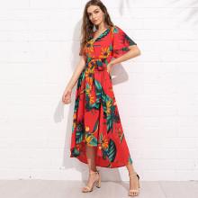 Shein Trumpet Sleeve Surplice Neck Floral Dress