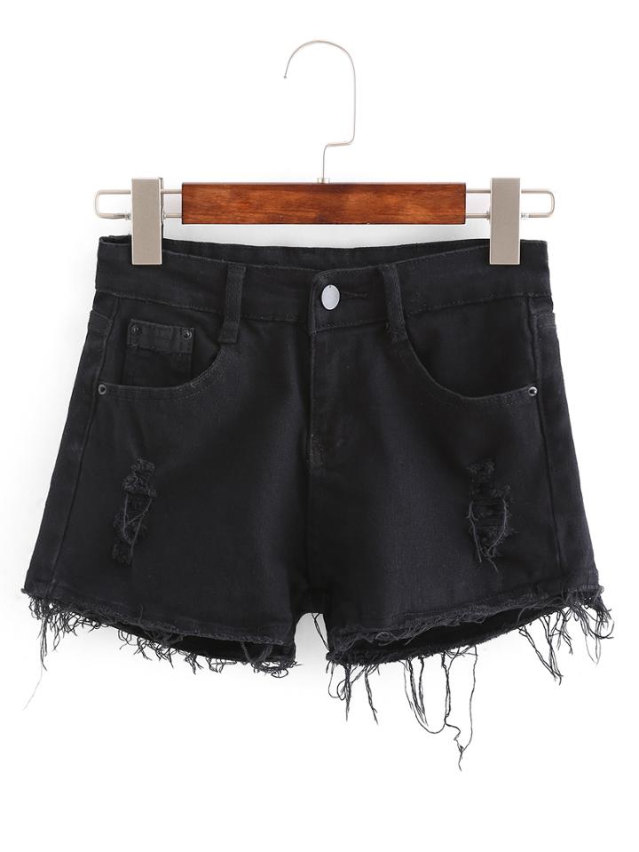 Shein Ripped Raw Hem Black Denim Shorts