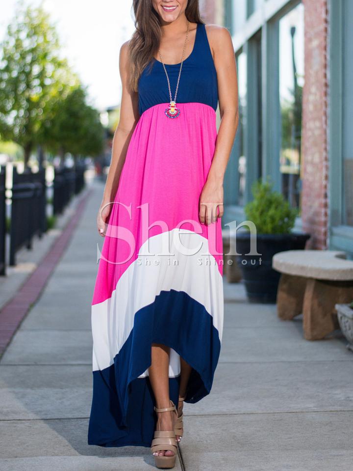 Shein Rose Red Spaghetti Strap Color Block Maxi Dress
