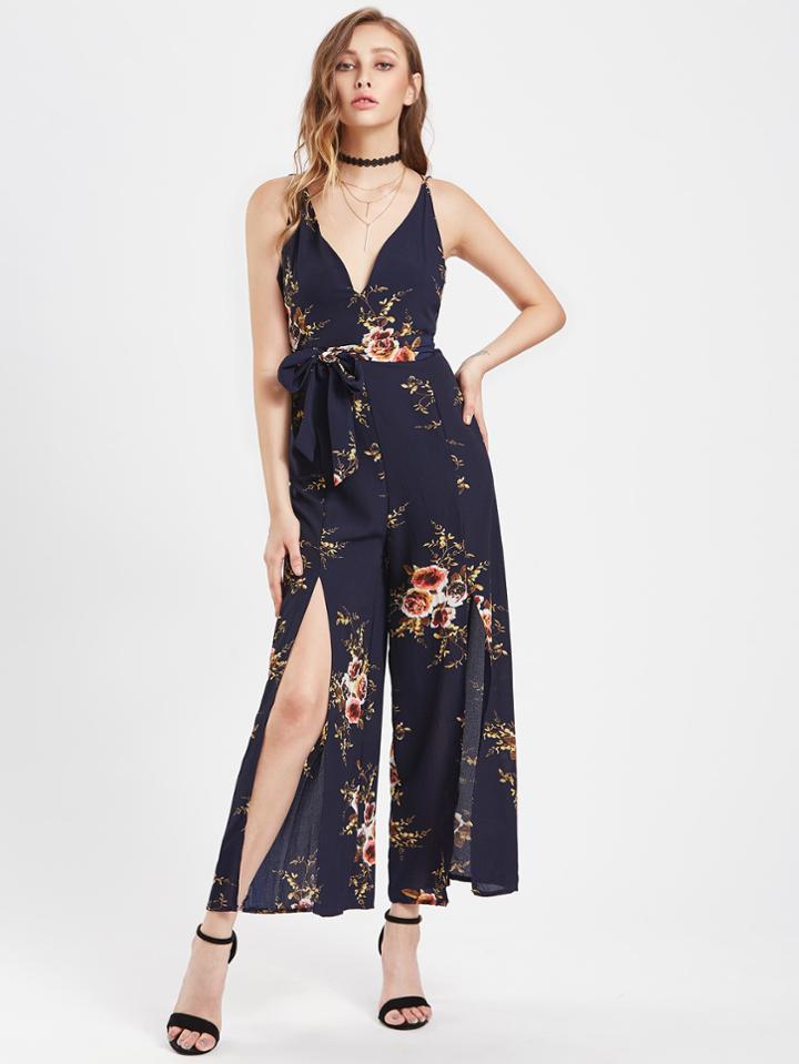 Shein Random Florals Plunge Crisscross Backless Split Jumpsuit