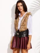 Shein Black Buckle Strap Front Faux Leather And Fur Vest