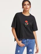 Shein Black Rose Embroidered Patch Slit Side High Low T-shirt