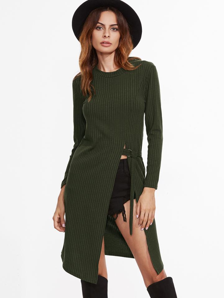 Shein Army Green Buckle Detail Split Dress