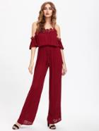 Shein Lace Trim Bell Sleeve Tasseled Waist Jumpsuit