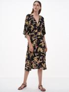Shein Black Printed V Neck Elbow Sleeve Dress