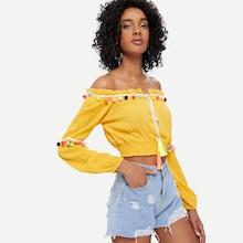 Shein Tassel Tied Pompom Detail Blouse