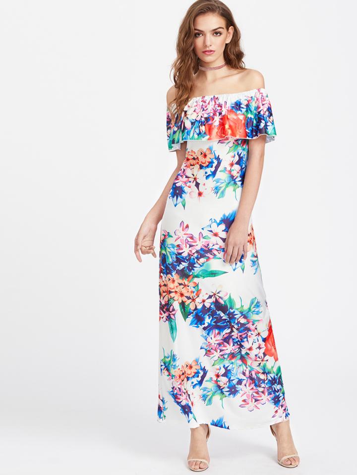 Shein Flounce Layered Neckline Calico Print Maxi Dress