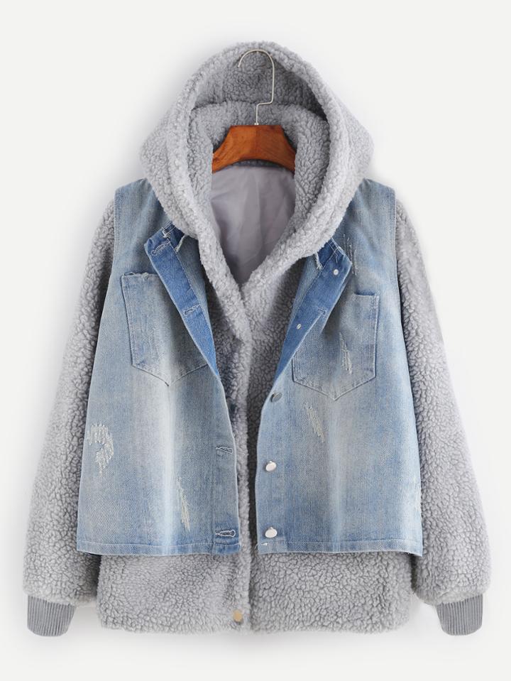 Shein Grey Faux Shearling Hooded Top With Denim Vest