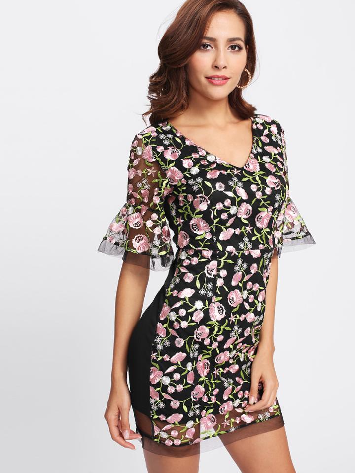 Shein Embroidered Mesh Overlay Bell Sleeve Dress