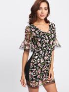 Shein Embroidered Mesh Overlay Bell Sleeve Dress