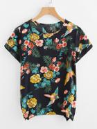 Shein Random Botanical Print Slit Side Blouse