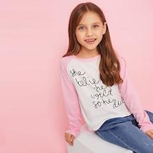 Shein Girls Color-block Raglan Sleeve Letter Tee