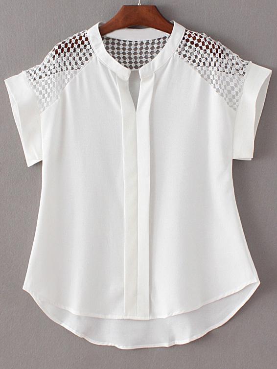 Shein White Roll Cuff V Neck High Low Hollow Blouse