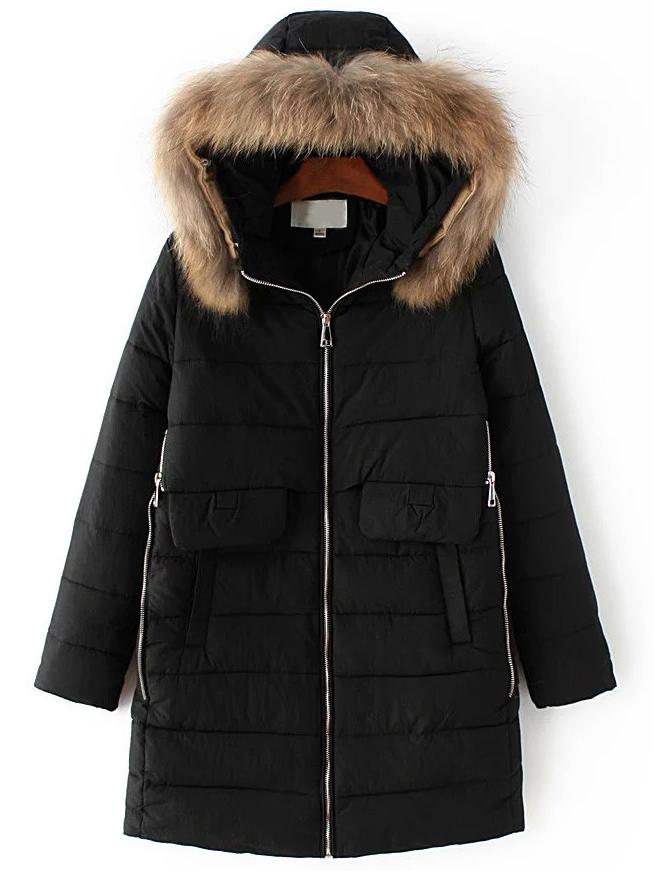 Shein Black Zipper Detail Padded Coat With Faux Fur Hooded