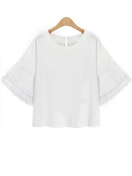 Shein White Bell Sleeve Buttoned Keyhole Back Chiffon Blouse