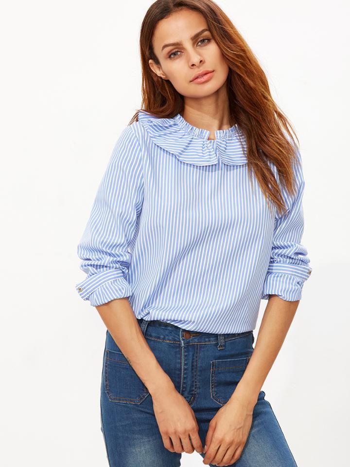 Shein Blue Striped Ruffle Collar Button Back Blouse