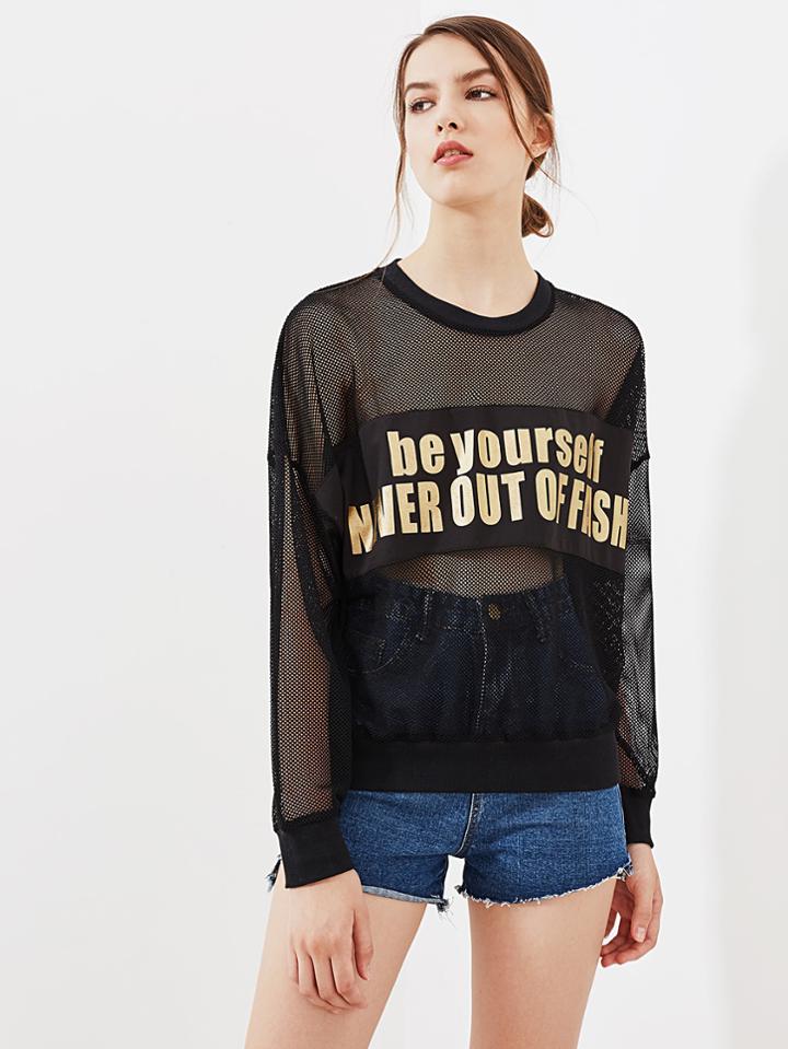 Shein Slogan Print Fishnet Sweatshirt