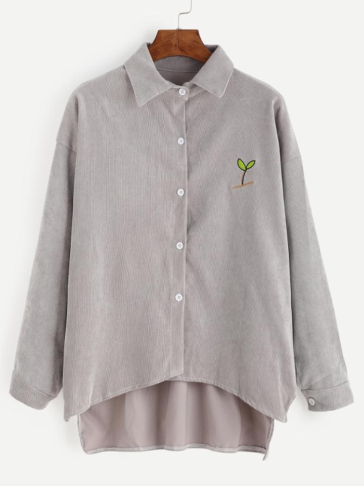 Shein Grey Dip Hem Embroidered Shirt