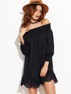 Shein Navy Smocked Off The Shoulder Laser Cut Scallop Trim Dress