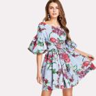 Shein Lantern Sleeve Plaid And Flower Print Dress