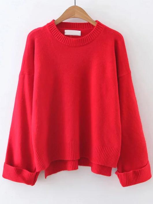 Shein Red Ribbed Trim Dip Hem Sweater