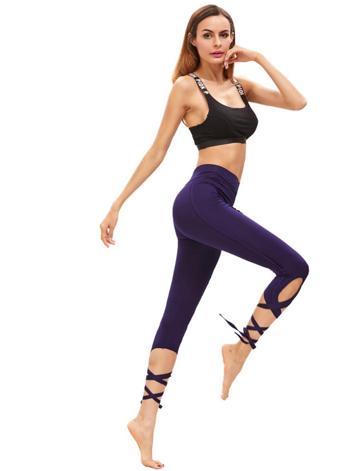 Shein Dark Purple Hollow Tie Skinny Leggings
