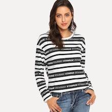 Shein Block Stripe & Letter Tee