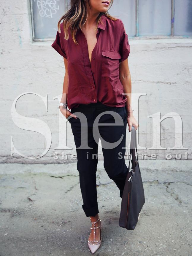 Shein Burgundy Lapel Pockets Blouse