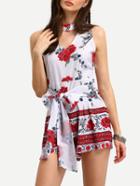 Shein Deep V Neck Florals Lace Up Romper