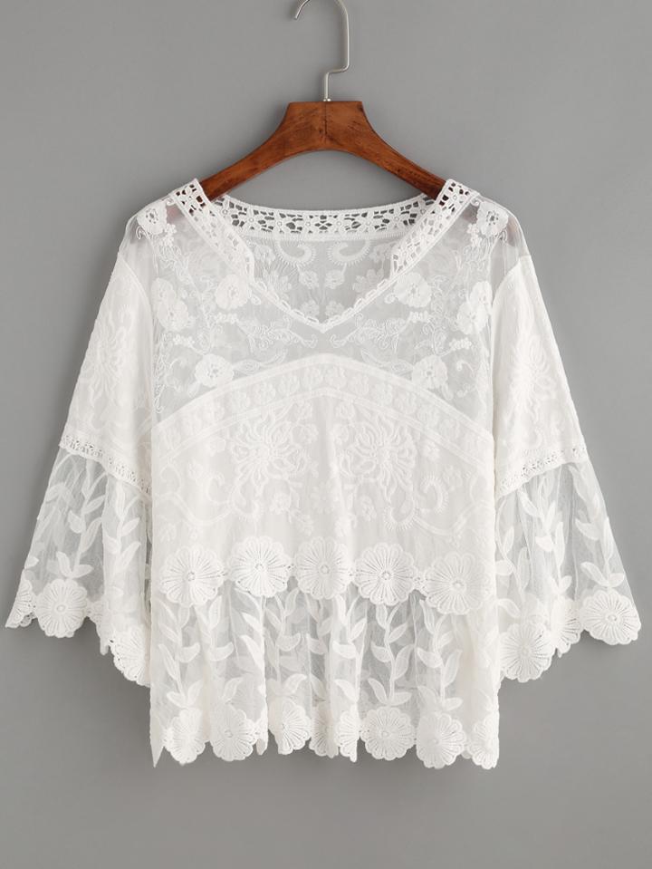 Shein White Crochet Collar Embroidered Mesh Top