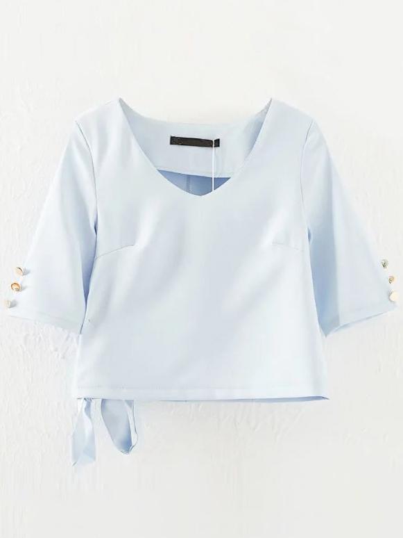 Shein Blue V Neck Tie Buttons Blouse