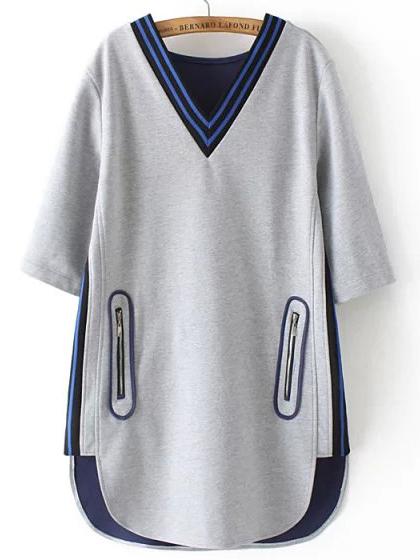 Shein Grey V Neck Contrast Trims Pockets Dress