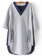 Shein Grey V Neck Contrast Trims Pockets Dress