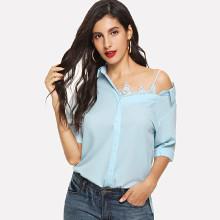 Shein One Shoulder Contrast Lace Blouse
