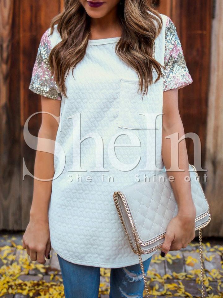 Shein Beige Contrast Raglan Sleeve Sequined Pockets T-shirt