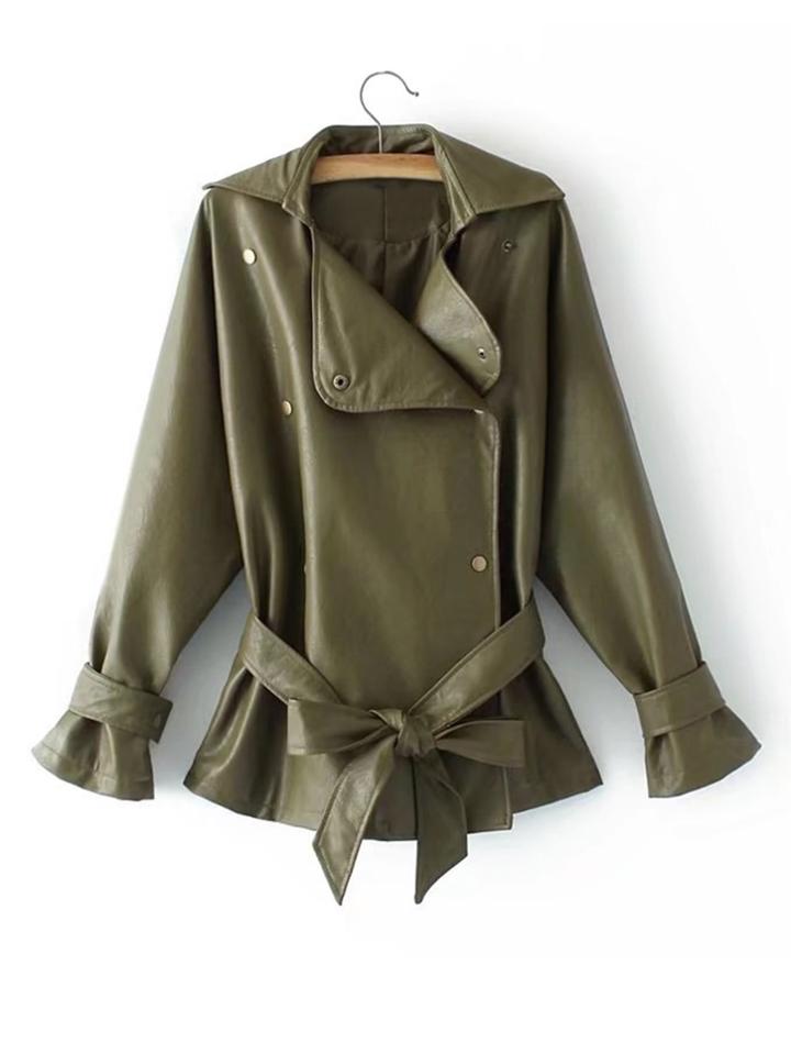 Shein Fluted Sleeve Self Tie Pu Jacket