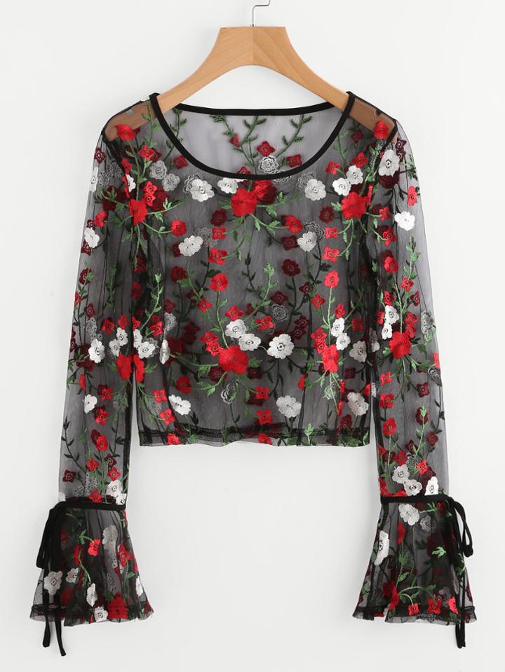 Shein Tied Bell Cuff Botanical Embroidered Mesh Top