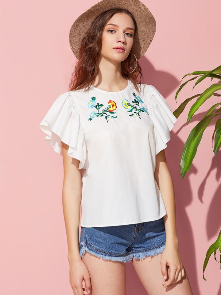 Shein Embroidered Yoke Flutter Sleeve Top