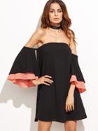 Shein Black Layered Bell Sleeve Off The Shoulder Dress