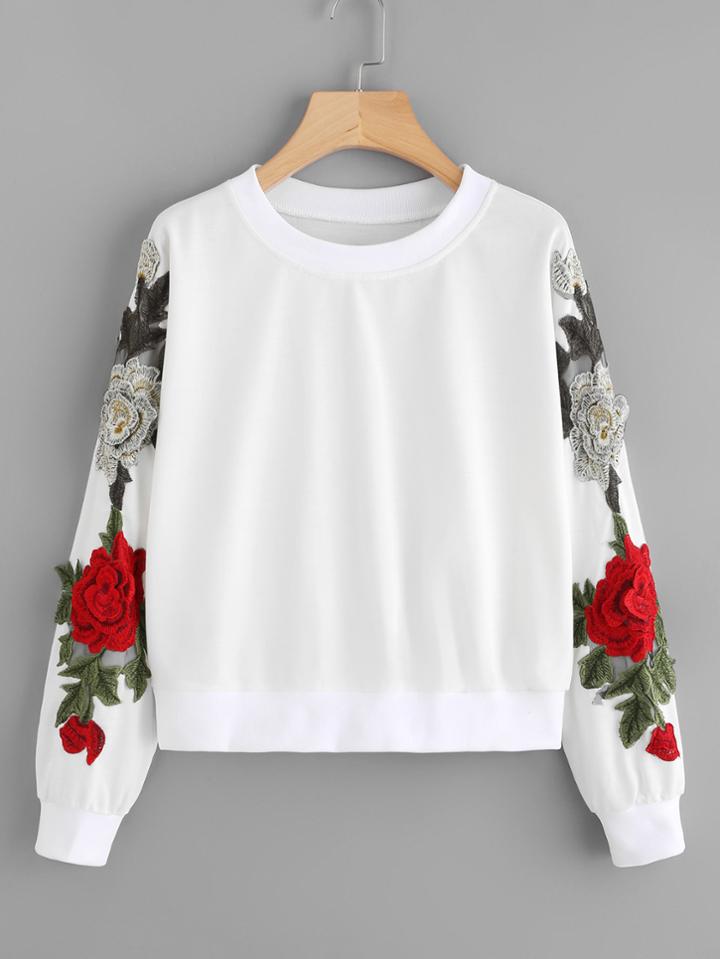 Shein 3d Embroidered Applique Mesh Insert Pullover