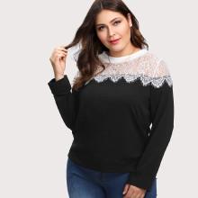 Shein Plus Scalloped Eyelash Lace Yoke Tee