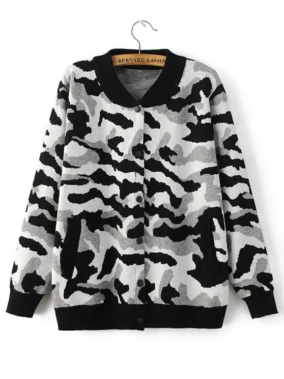 Shein Grey Camouflage Print Knitted Bomber Jacket With Buttons