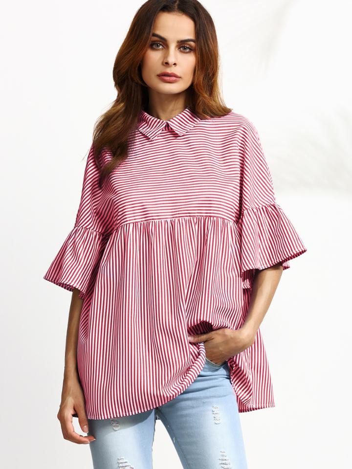 Shein Pinstripe Ruffle Sleeve Babydoll Top