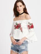 Shein Bardot Embroidered Appliques Trumpet Sleeve Top