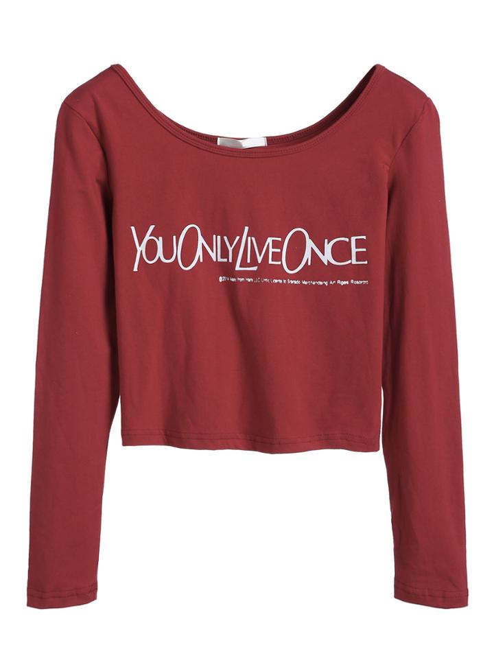 Shein Burgundy Letter Print Long Sleeve T-shirt